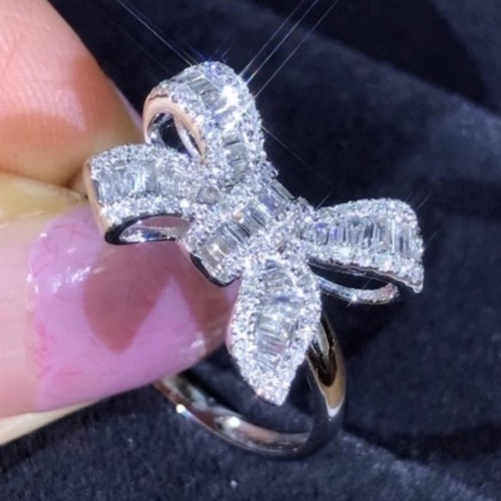 NEW 925 Silver Diamond Baguette Bow Ring